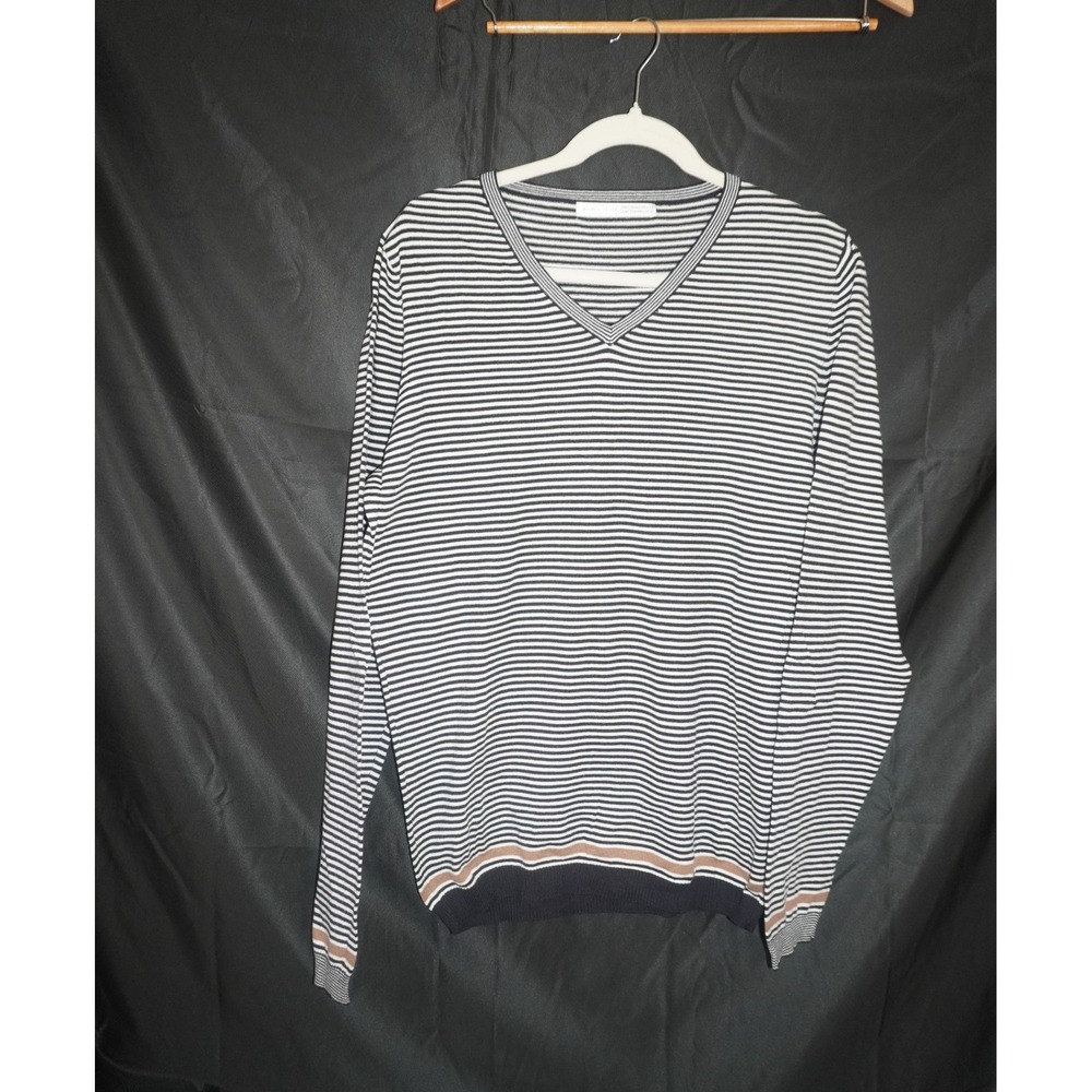 Zara Man Striped V-Neck Sweater  Black White Tan Trim XL